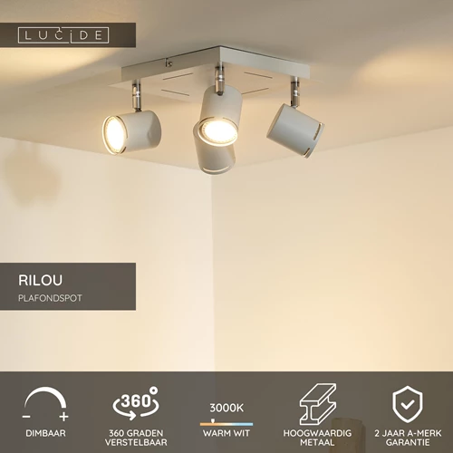 Lucide RILOU - Plafondspot - LED Dimb. - GU10 - 4x5W 3000K - Wit - USP
